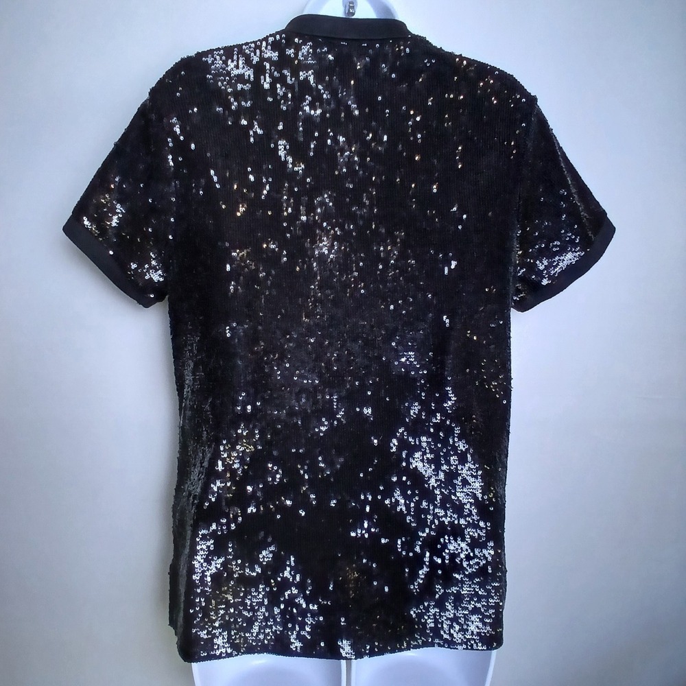 Polo Ralph Lauren Black Sequin Short Sleeve Polo Shirt Red Pony Logo Large - Picture 2 of 12